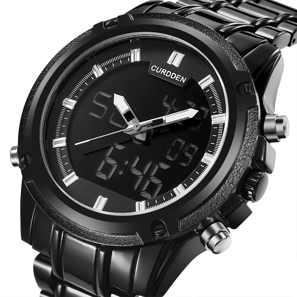 Digital watch made by Curdden. All black variant with white trim.