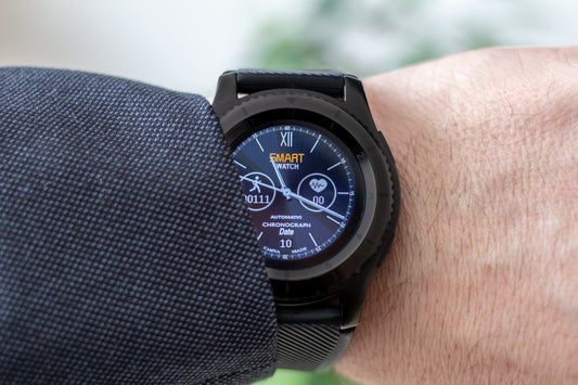 Artur Luczka smart watch with automatic chronograph date. Black frame with blue face.