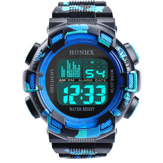 Water Resistant LED watch made by Honhx. Blue variant with camo.