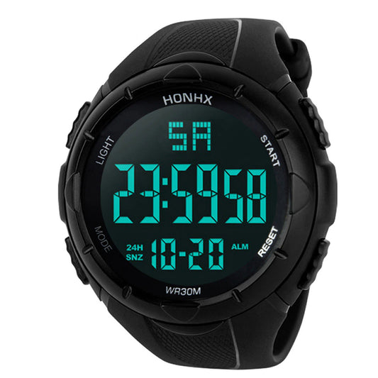 Digital timing watch made by Honhx. All Black variant with blue face.