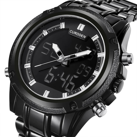 Digital watch made by Curdden. All black variant with white trim.