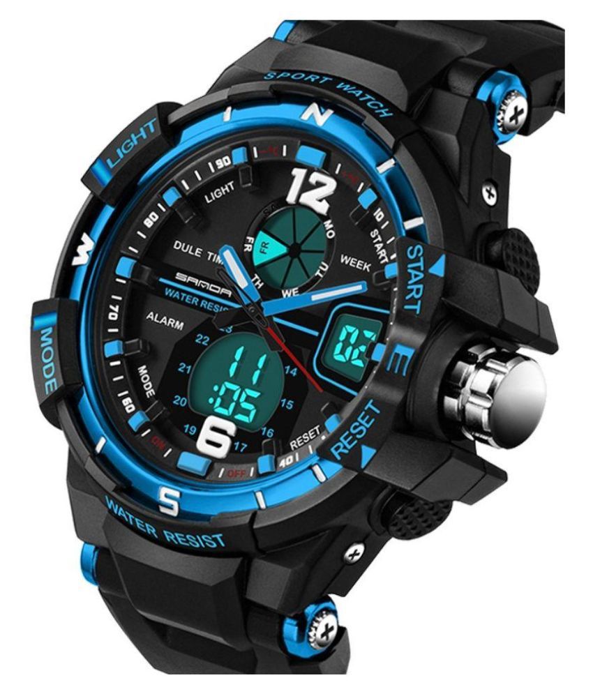 Sport Watch with race timers made by Sanor. Black with blue trim.