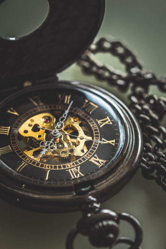 Igor Flek wood engraved pocket watch. Gold face variant with silver trim.