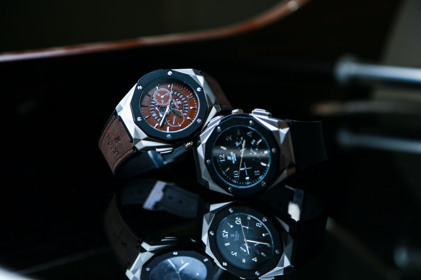 Shahrukh Rehman watch made by Hublot in Genieve, Switzerland. Leather bands and faces in brown and black.